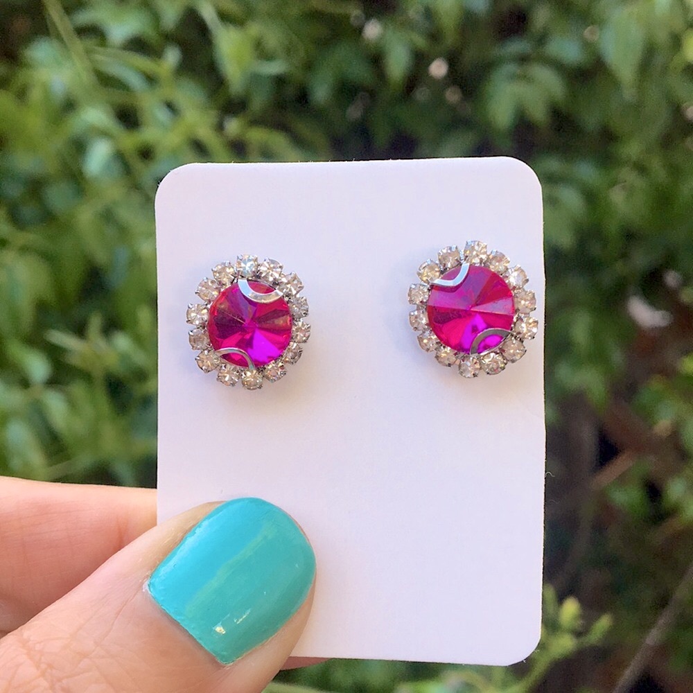 Fuchsia Hot Pink Rivoli + Silver Crystal Halo Stud Earrings - Picture 8 of 9